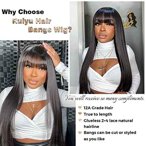 Ruiyu Straight Human Hair Wigs with Bangs 180% Density 2x4 Lace Front Wigs with Bangs Closure Wear and Go Glueless Wigs 100% Brazilian Virgin Human Hair Wigs for Women 18 Inch