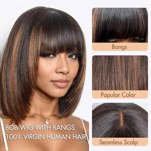 Bob Wig with Bangs Human Hair Glueless HD Lace Straight Short Bob Wig with Brown Highlights, Ready to Go Short Wigs For Women £¨12 Inch bob wig£©