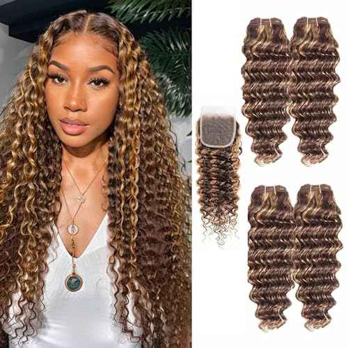 Highlight Bundles Human Hair with Closure 4/27 Ombre Brown 10a Deep Wave 12 Inch 4x4 Lace Closure with 4Bundles 12" 14" 16" 18"