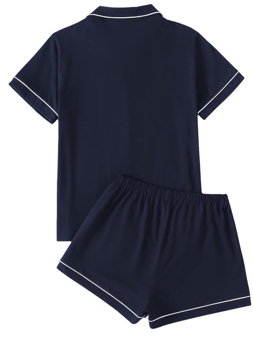 LYANER Women's Pajamas Set Heart Print Button Short Sleeve Shirt with Shorts Sleepwear PJs Set Navy Blue X-Small