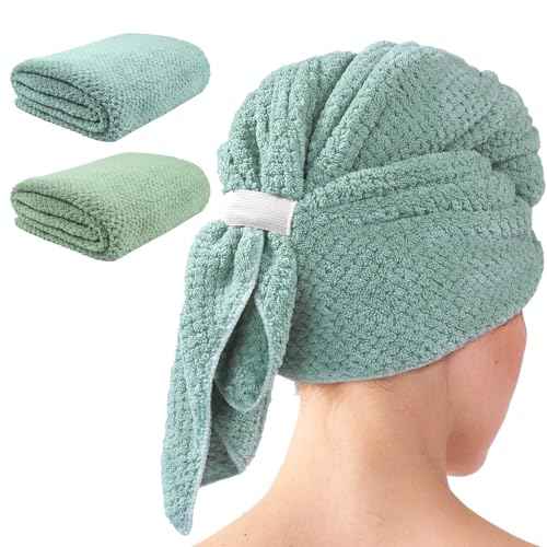 2 Pack Extra Large Microfiber Hair Towel Wrap, 37.4" x 26.4" for Women, Super Absorbent & Quick Dry Hair Towel with Elastic Strap for Curly Hair Green