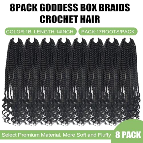 Goddess Box Braids Crochet Hair for Black Women 14 Inch Short Crochet Braids with Curly Ends Pre Looped 8 Packs Bohemian Style Goddess Box Braid Hair Extensions (1B)