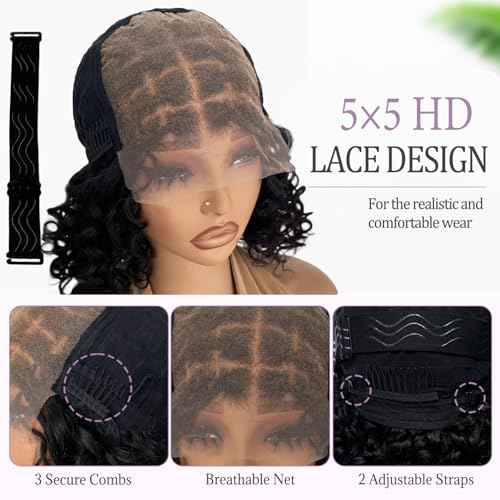Smavida Short Deep Curly Bob Boho Braid Human Hair Wigs 10 Inch 180% Density Glueless 5X5 HD Lace Closure Box Braid Wigs Pre Plucked with Baby Hair Nature Black Curly Knotless Braided Wig for Women