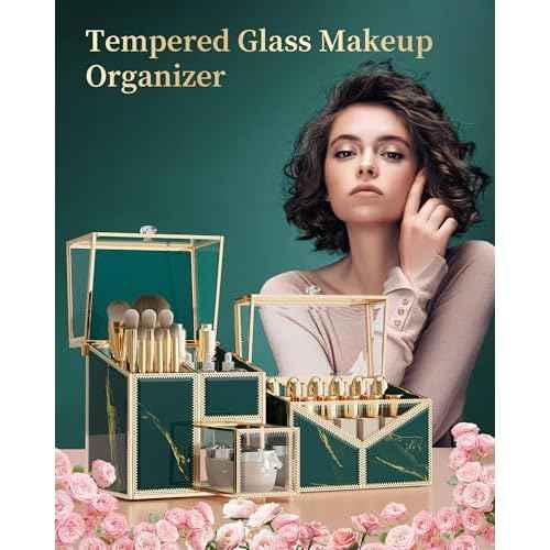 Makeup Organizer Countertop Set ? Vanity Holder with 18-Slot Lipstick Organizer & Covered Makeup Brush Holder ? Skincare, Perfume & Cosmetic Display for Bathroom or Dresser