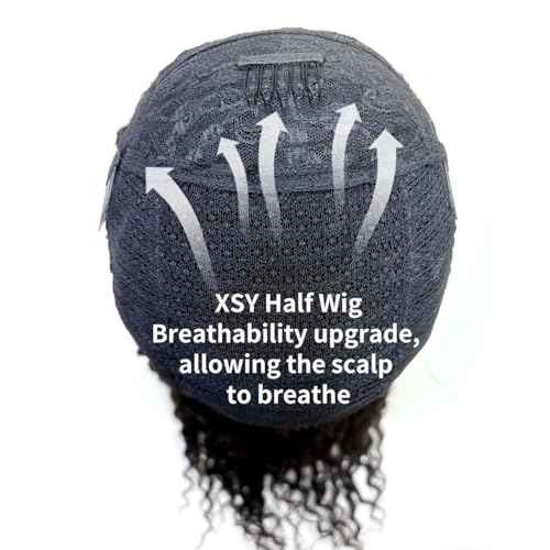XSY Half Wig Human Hair Curly 16 Inch Deep Wave Half Wigs for Black Women 3 In 1 Drawstring Seamless Flip Wig Invisible Hairline Beginner Friendly 180% Density