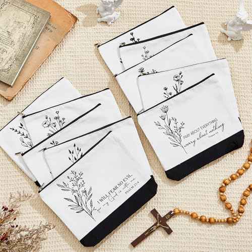 10 Pcs Christian Gifts for Women Bulk Religious Cosmetic Bags Inspirational Bible Verse Pencil Pouch Canvas Makeup Bags for Christmas Goodie Bag Church Favors