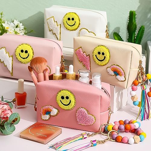 Sanwuta 4 Pcs Chenille Preppy Makeup Bag Portable Monogram Cosmetic Bag with Keychain Bracelet Pu Leather Waterproof Toiletry Bag Cute Pouches for Girl Women (Bright)