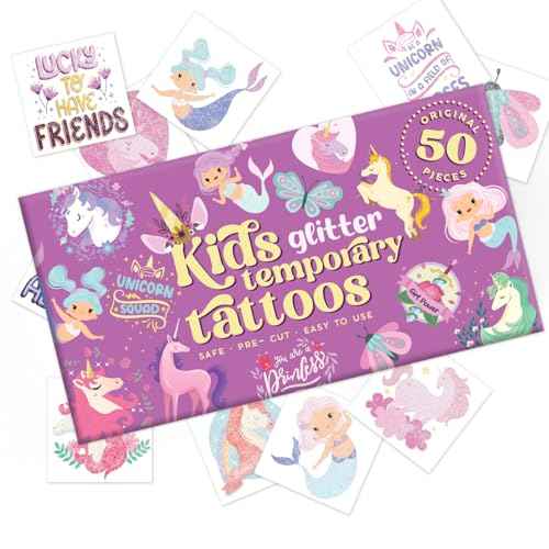 Glitter Unicorn Temporary Tattoos for Girls ? 50 Pre-Cut Sheets + Water Sponge | Easy to Apply & Remove | Non-Toxic, Waterproof, Skin-Safe | Party Favors, Birthday Gifts
