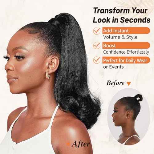 Drawstring Ponytail Extension for Black Women 14 Inch Yaki Kinky Straight Ponytail Flick Style Hairpiece Synthetic Natural Black