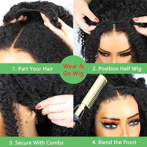 ZIYU Half Wig Human Hair - 200% Density 3 In 1 Seamless Flip Over Curly Half Wig Human Hair 14 inch Glueless Wear Go Beginner Friendly Kinky Curly Wig Drawstring Headband Wig for Women