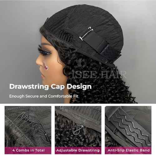 ISEE Half Wig Human Hair Glueless Wigs Upgrade 3 IN 1 Half Wig With Drawstring Seamless Clip Ins Flip Over Kinky Curly Human Hair No Glue No Lace For Women 180% Density 16 Inch