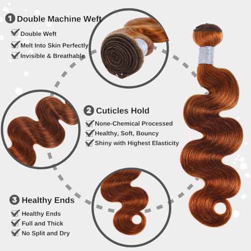 Reddish Brown Bundles Body Wave Human Hair Auburn Brown Copper Red Color 12A Brazilian Virgin Remy Wavy Hair Soft Thick Sew In Weave 3 Bundles 33B Color 14 16 18 Inch
