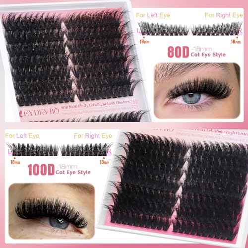 EYDEVRO Lash Clusters 80D100D Volume Eyelash Clusters 280 Pcs Left/Right Individual Lashes D Curvature Thick Cluster Lashes Cluster Eyelash Extensions DIY Lash Extensions at Home