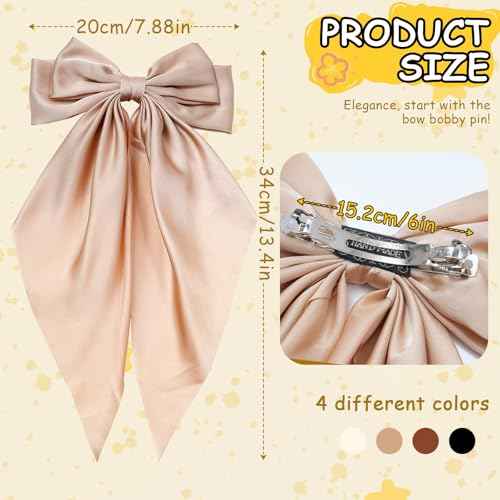 4 Pcs Hair Bows for Women Big Ribbon Bows for Hair Long Tail Bow Hair Clips Cute Hair Barrettes Hair Accessories for Girls (Black + Beige + Khaki + Curry)
