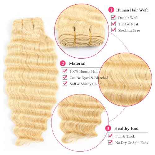 12A 613 Blonde Deep Wave Human Hair Bundles 24Inch 100% Unprocessed Brazilian Virgin Hair Extensions, Soft Double Weft Weave Curly Deep Wave Bundles Human Hair for Women (24inch)