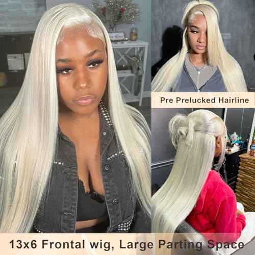 Platinum Blonde Lace Front Wig Human Hair 13x6 HD Transparent Lace Frontal White Blonde Pre Plucked Natural Hairline for Black Women 180% Density Straight Wear and Go Glueless Wigs Human Hair 22 Inch
