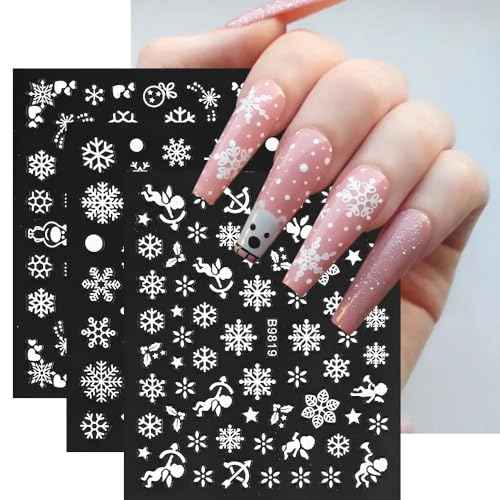 30 Sheets White Snowflake Nail Art Stickers 3D Christmas Decals - Snowman, Elk, Snow Winter Xmas Supplies for Women