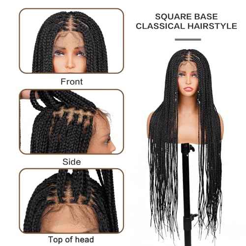 Box Braided Wigs For Women 36"" Full Double Lace Braided Wig With Baby Hair Large Square Knotless Long Braided Wigs Synthetic Handmade Full Lace Braided Wig, Black