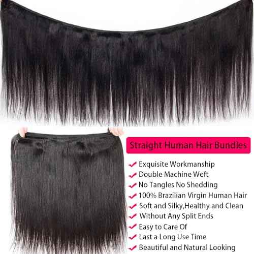 Straight Human Hair Bundles 20-26 Inch 12A Brazilian Virgin, 100% Unprocessed, Straight Weave, Black, 4 Bundles