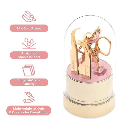 Icona Lashes 4-in-1 False Eyelash Tool Kit - DIY Lash Extension Kit with Tweezer, Curler, Scissors, Applicator - 24K Gold Plated Stainless Steel Accessories in Clear Dome Organizer, Beautiful Gift Box