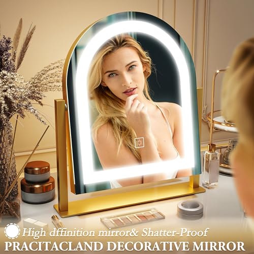 ROLOVE Lighted Makeup Mirror with 3-Color Dimmable Lighting, with Removable 10x Magnifier, Smart Touch Control, 360¡Æ Rotation, 15" x 13" Hollywood Vanity Mirror for Tabletop Desk (Gold)