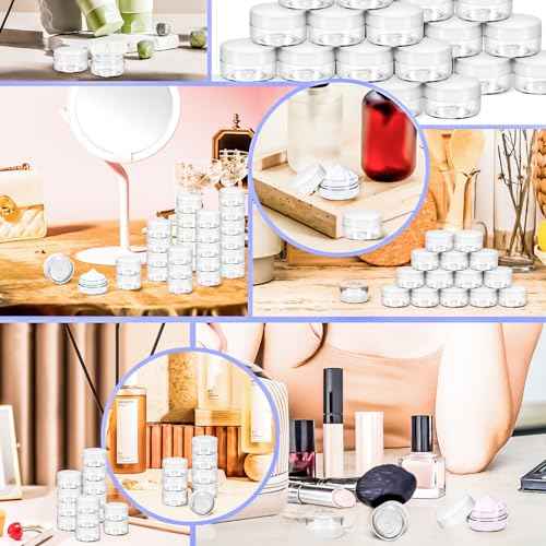 MotBach 50 Pack 10g Plastic Jars with Lids, 10ml Round Clear Cosmetic Containers Makeup Jars, Travel Size Container Jar with 20 Spatulas for Sample Lotion Cream Eyeshadow Ointment Salve Balm Powder