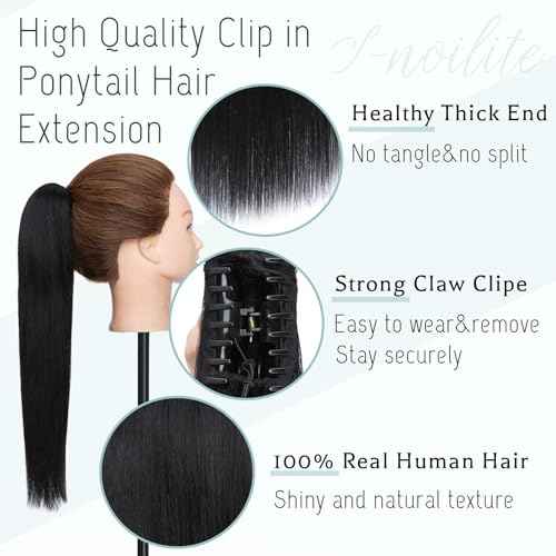 S-noilite Claw Clip Ponytail Extension Human Hair #1 Jet Black Real Remy Human Hair Ponytail Extension 16inch Long Straight Hair Pony Tails Hair Extensions For Women 105Grams