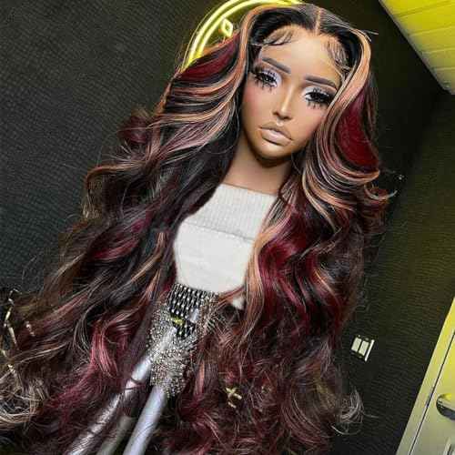 Black Red Blonde Highlights Wig Human Hair 13x4 Body Wave Lace Front Wigs Human Hair 180% Density Ombre Blonde Red Highlight Glueless Colored Body Wave Wig Pre Plucked for Women 18 Inch