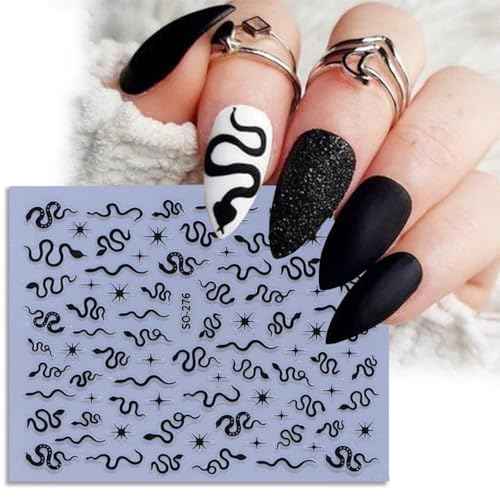 Snake Nail Sticker for Nail Art 3D Self-Adhesive Black Silver Gold Laser Snake Star Nail Decals Stars Designs Nail Art Stickers Charms for Women and Girls Daily DIY Nail Decoration