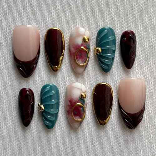 Fall Press On Nails - Handmade GEL Medium Length Almond Fake Nails, Brown Rendering Painting Design, Reusable Artificial Almond False Nails for Women 10 Pcs Acrylic Nails Kit (Size S)