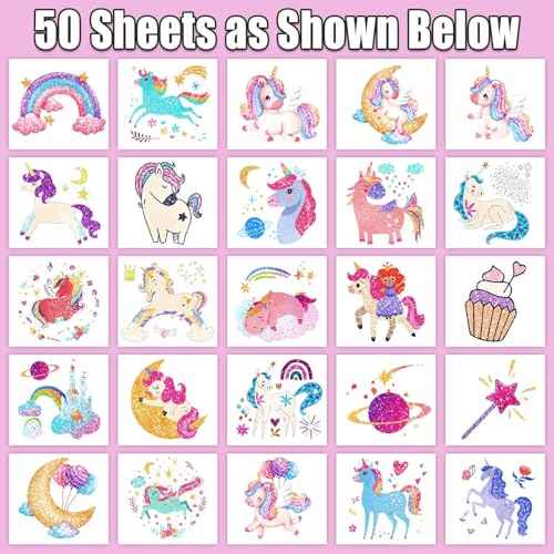 Partywind Glitter Temporary Tattoos for Kids Girls, Birthday Party Supplies Favors Decorations, Kids Goodie Bag Stuffers, Fake Tattoo Stickers for Back to School Party Games Prizes (50 Sheets)