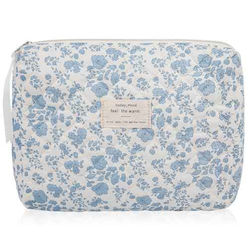 Floral Makeup Bag, Large Cosmetic Bag for Women Girls, Cute Cotton Make up Pouch, Quilted Makeup Bags, Flower Travel Toiletry Organizer Bag(Blue Floral)