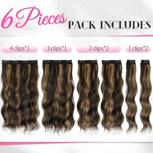 KooKaStyle Short Hair Extensions 6PCS 14 Inch Wavy Curly Hairpieces Synthetic Soft Lace Weft Clip in Hair Extensions-Balayage Dark Brown to Chestnut for Women