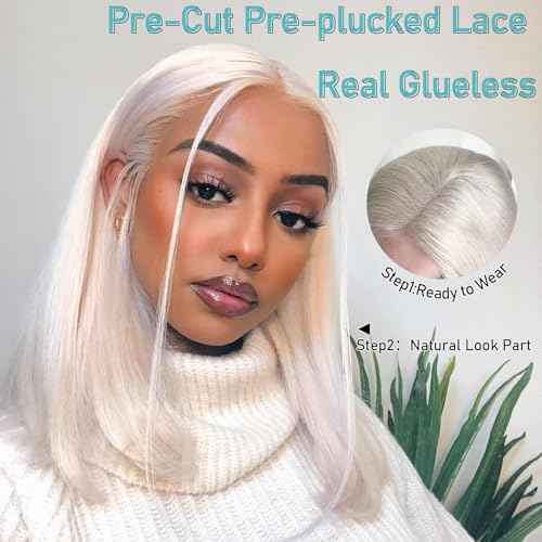 Bye Bye-Glue Warm Platinum Blonde Wig Human Hair Preplucked Precut HD Lace Baroque Pearl Short Bob Human Hair Wigs For Women 200% Density Double Drawn Straight Cut Wig 10"