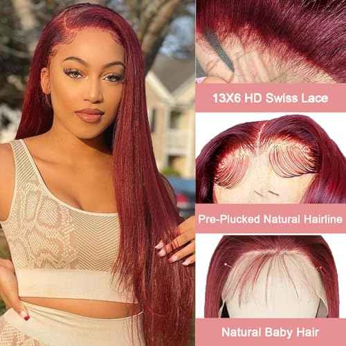 LICHANG 99J Straight Lace Front Wigs Human Hair Red Colored Wig Pre Plucked with Baby Hair for Black Women, 13x6 Burgundy Lace Frontal Wig Brazilian Virgin Human Hair Glueless 26 Inch