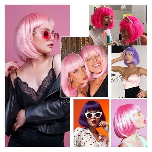 Light Pink Bob Wigs with Bangs Straight Short Wigs for Women Synthetic Pink Wig for Cosplay Women Funny Wig for Party Halloween Daily Wear Anime Costume Events
