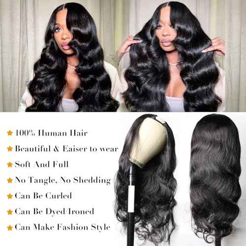 U Part Human Hair Wig Body Wave for Women Brazilian Remy Upart Human Hair Wig Beginner Friendly No Sew in NO Glue 250% Density Natural Color 22Inch