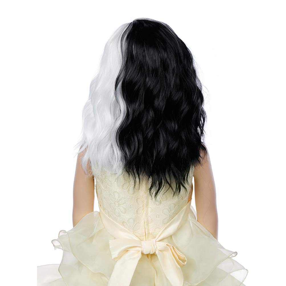 DUDUWIG Girls Black and White Wig Kids Short Half Black and Half White Wavy Curly Bob Wig Children Black White Wig for Halloween Cosplay