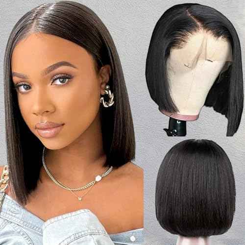 Bob Wig Human Hair 200 Density 13x4 HD Lace Front Wigs Human Hair Pre Plucked Short Bob Straight Frontal Wigs Human Hair for Women Natural Black 14"