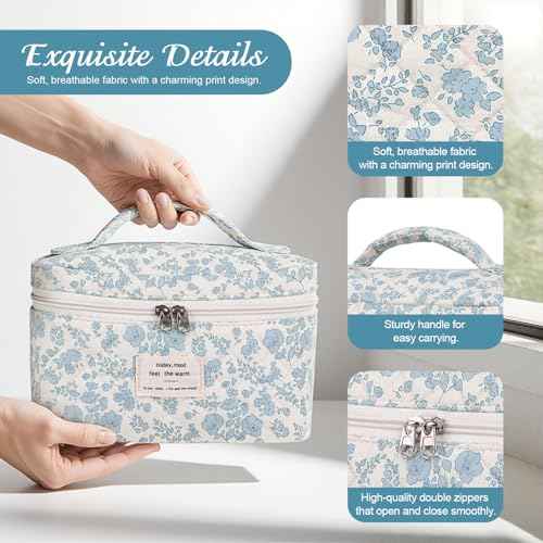 Large Makeup Bag, Cute Cosmetic Bag for Women Girls Floral Coquette Aesthetic Toiletry Bag Travel Make Up Organizer Bag (Blue)