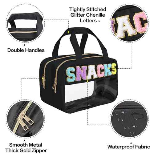 Chenille Letter Snack Bags Clear Makeup Bag, Preppy Clear Large Cosmetic Bag with Zipper, Waterproof Stuff Bag Travel Toiletry Bag Cosmetic Pouch for Women Girls (Black-SNACKS)