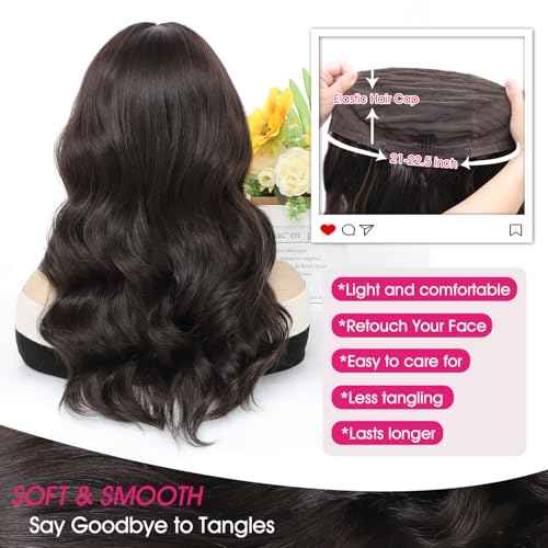 18 Inch Dark Brown Wig for Women, Middle Part Medium Length Wavy Synthetic Hair Wig, Upgraded Strands Natural Hairline Design for Daily Party Halloween(Dark Brown,18 Inch)