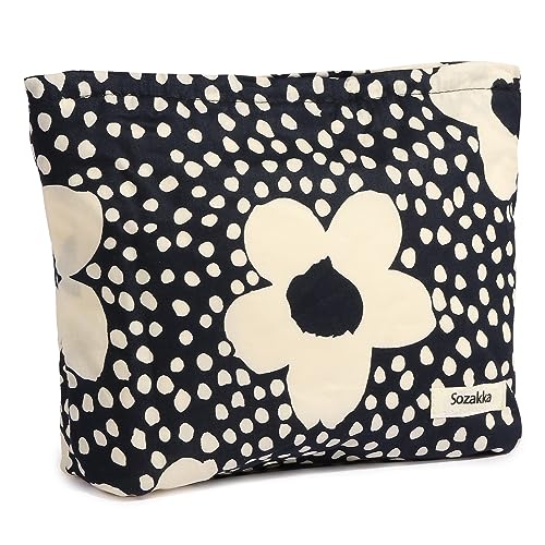 WONEDIRR Makeup Bag - Cotton Travel Make Up Bag - Large Cosmetic Bag for Women Girl - 2 Pcs Portable Makeup Organizer Bag for Travel Trip Blue Dots