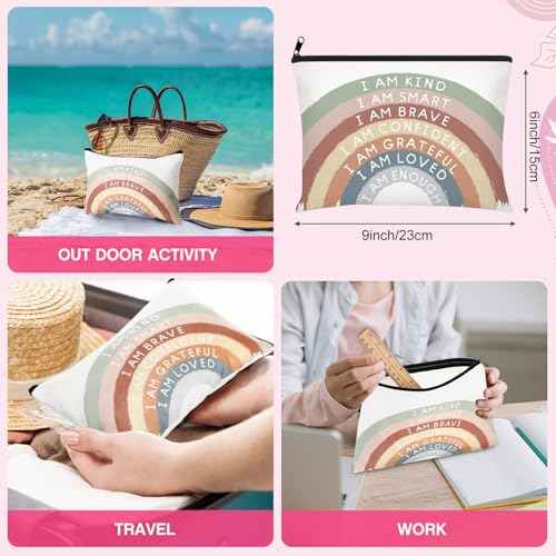 Chunful 10 Pieces Inspirational Canvas Makeup Bags for Women Graduation Gift Rainbow Canvas Cosmetic Bags Bulk with Zipper Friendship Gift Travel Toiletry Pouch(Motivation)