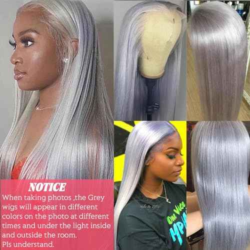 Grey Lace Front Wigs Human Hair for Women, 24inch 150% Density Silver Grey Straight 13X4 HD Transparent Lace Front Wigs Pre Plucked with Baby Hair Natural Hairline
