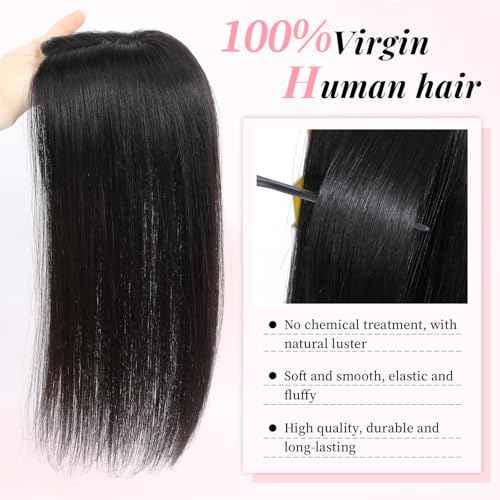Fine Plus 12Inch Hair Toppers for Women Real Human Hair ? Mono Base 3"x5", Natural Black Virgin Quality, for Thinning Crown & Wide Parting, Lightweight & Breathable, Add Volume Can Be Curled