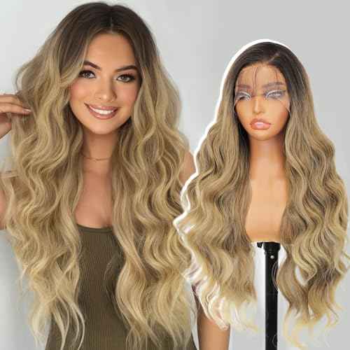 AISI HAIR 13¡¿4 HD Mixed Blonde Lace Front Wigs for Women Pre-Plucked Long Body Wavy Synthetic Lace Mixed Blonde Wig with Baby Hair for Beginner Friendly Free Part 28 Inch