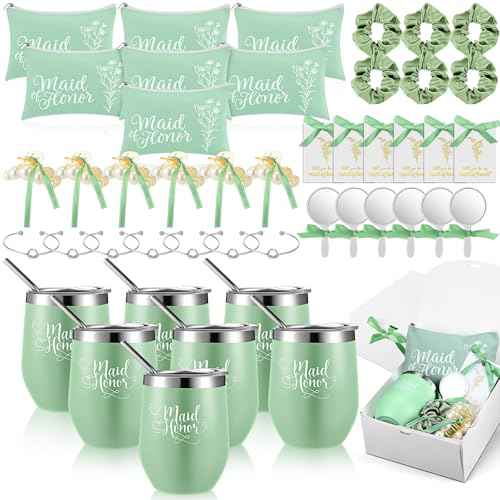 48 Pcs Bridesmaid Proposal Gifts Maid of Honor Proposal Gift Include Box Tumblers Makeup Bag Scrunchie Hair Clip Bracelet Card Mirror for Bridal Shower Bachelorette Party(Green)