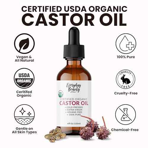 Organic Castor Oil - 100% Pure Certified USDA Organic, Cold Pressed & Hexane-Free, For Eyelashes, Eyebrows, Hair, Skin & Wellness Packs - 4 Fl Oz Glass Bottle & Dropper
