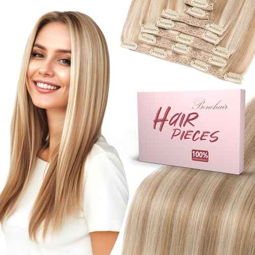 Benehair Clip in Hair Extensions Real Human Hair 22inch Double Weft Golden Brown Mixed Bleach Blonde Hair Extensions Clip in Human Hair Lace Weft Straight Hair Extensions Clip ins 7pcs 130g #12P613